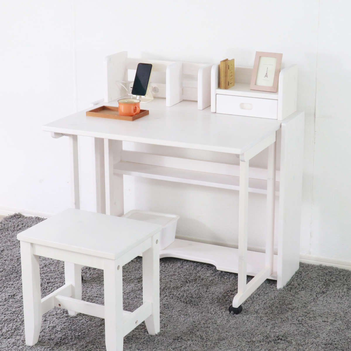 学習机 シンプル 天板折りたたみ 天然木 コンセント付き （ デスク