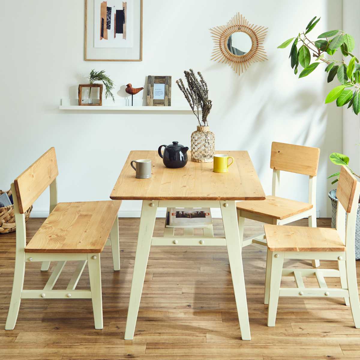 ダイニングベンチ 背もたれ付き 110cm 2人掛け 天然木 ヴィンテージ風