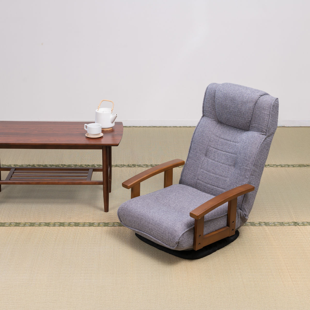 新品　座椅子　回転式　レザー調　ハイバック　折りたたみ　ライトグレー 座椅子 回転式 座面高23cm 14段階リクライニング ハイバックタイプ