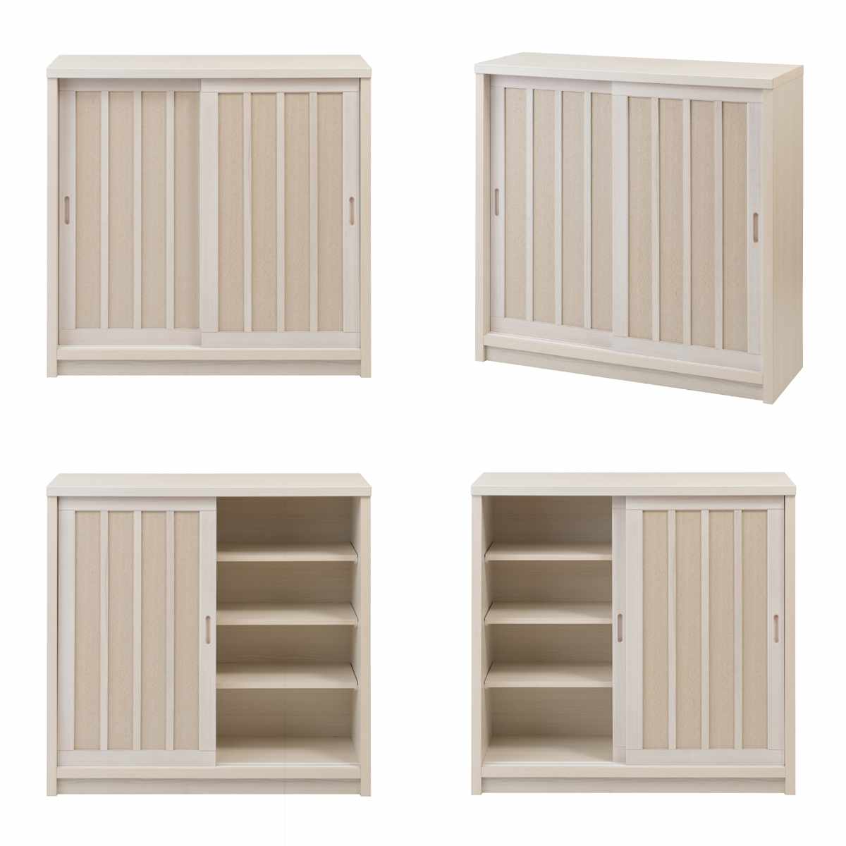 キャビネット 幅90.5cm 板引き戸 縦格子 和モダン調 日本製 完成品