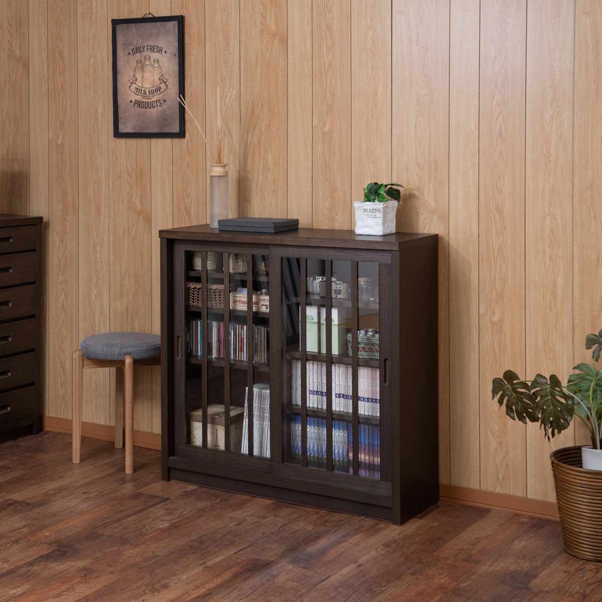 キャビネット 幅90.5cm ガラス引き戸 縦格子 和モダン調 日本製 完成品