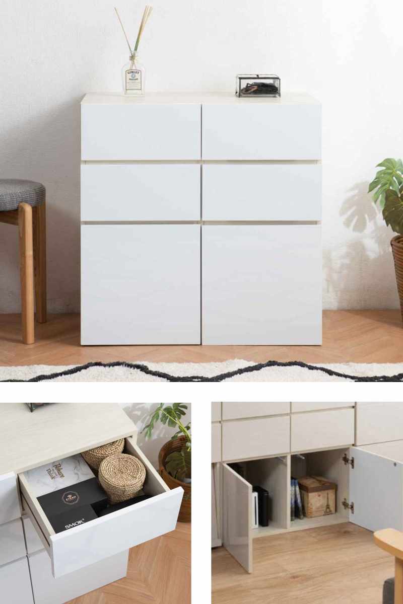 スクエアキャビネット 引出し 下扉タイプ ハイグロス前板 幅70cm