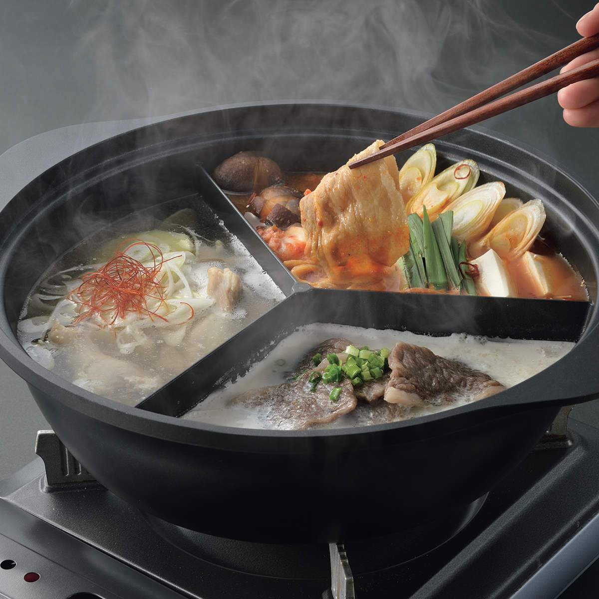 パール金属 仕切り鍋 28cm IH対応 ふっ素加工 ガラス蓋付き 韓味家