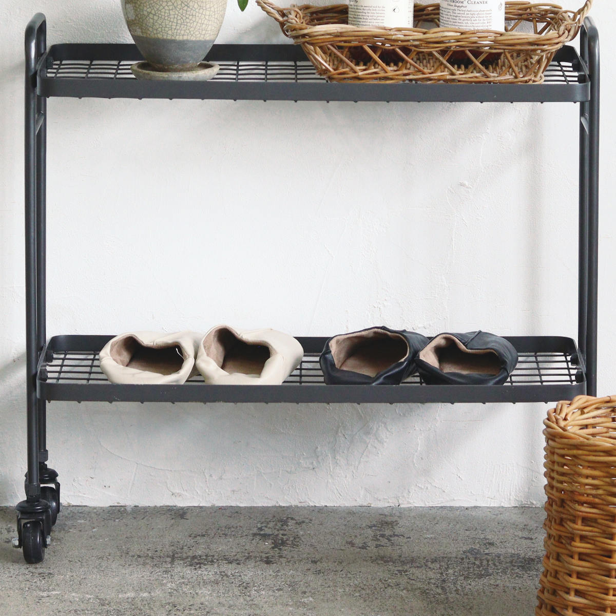 Creer アイアンシェルフワゴン アンティークブラック 2段 （ シェルフ