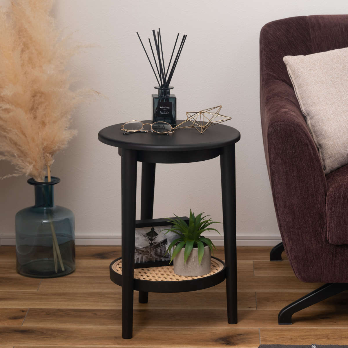 東谷 サイドテーブル ラタン調 高さ50cm ラウンド シック （ 丸 籐