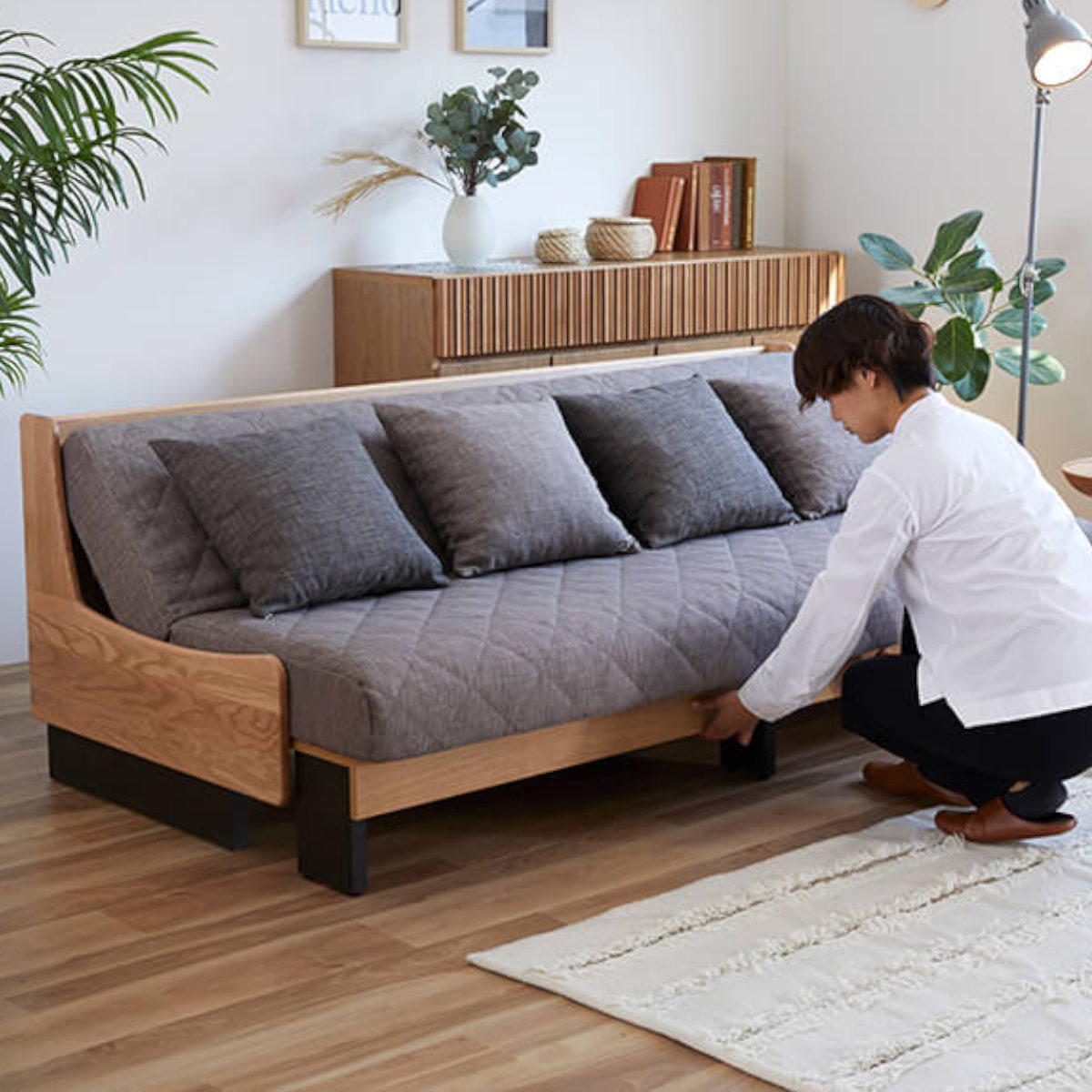 ソファベッド 3人掛け 伸縮 カバー マットレス 洗浄可能 天然木