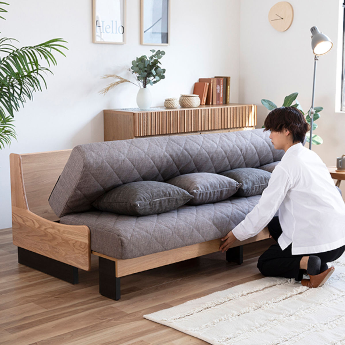 ブラウン ソファマットレス 取り外し可能カバー ソファベッド 3人掛け 伸縮 カバー マットレス 洗浄可能 天然木