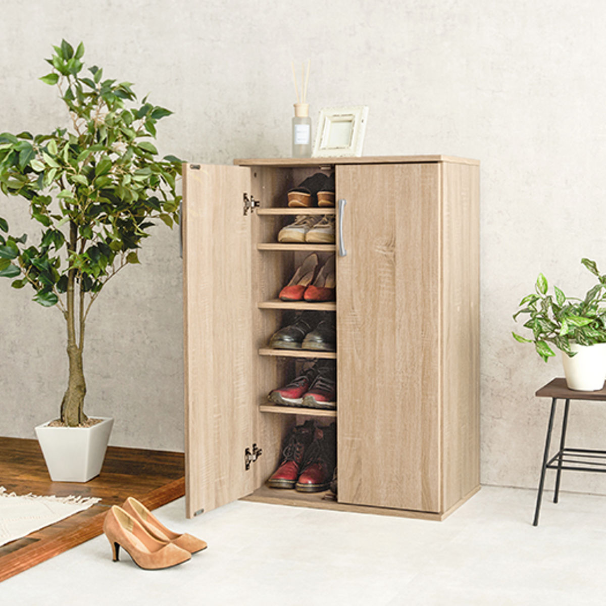 HAGiHARA（萩原） シューズボックス 幅60cm 2点セット 木目調 通気口兼