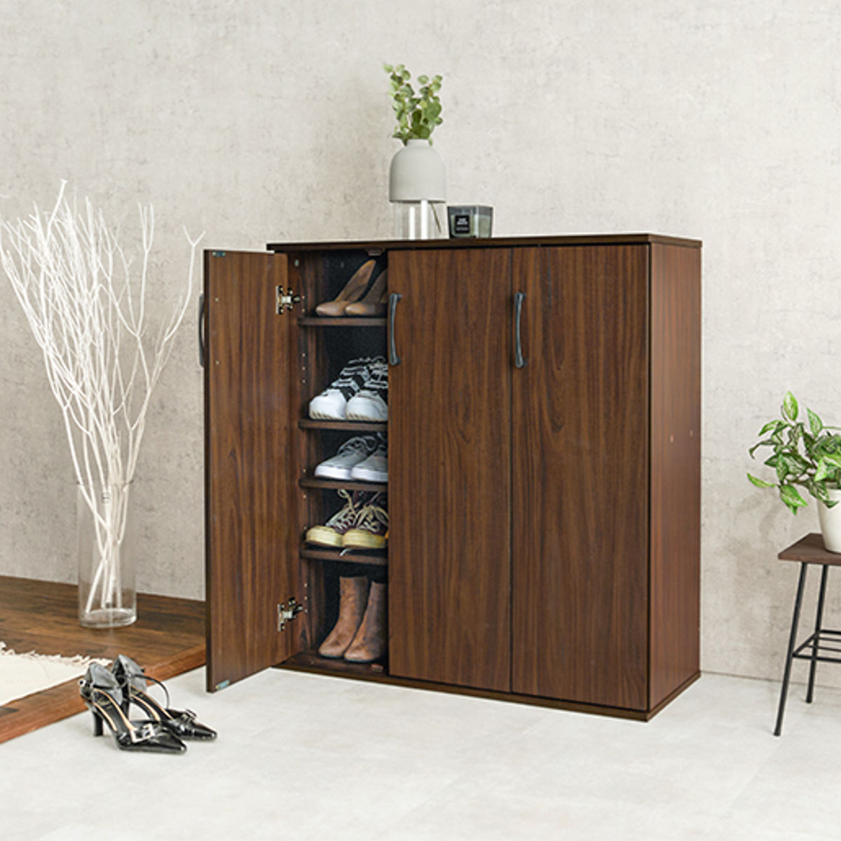 HAGiHARA（萩原） シューズボックス 幅89cm 木目調 通気口兼コード穴