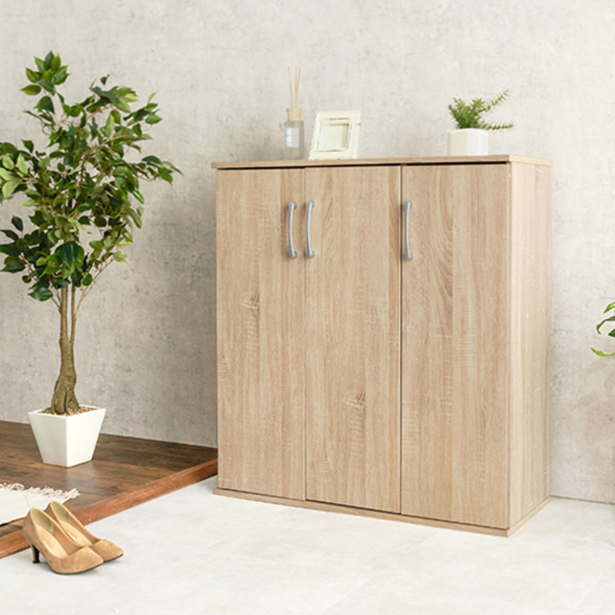 HAGiHARA（萩原） シューズボックス 幅89cm 木目調 通気口兼コード穴