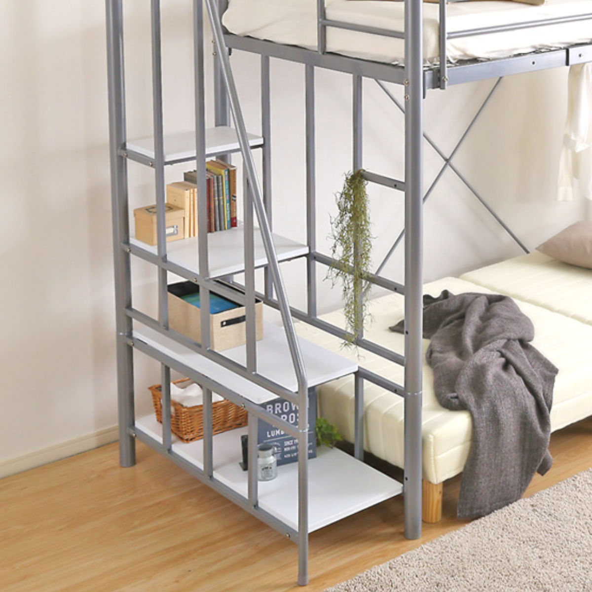 ロフトベッド シングル 階段付き メッシュ 宮棚 2口コンセント付き