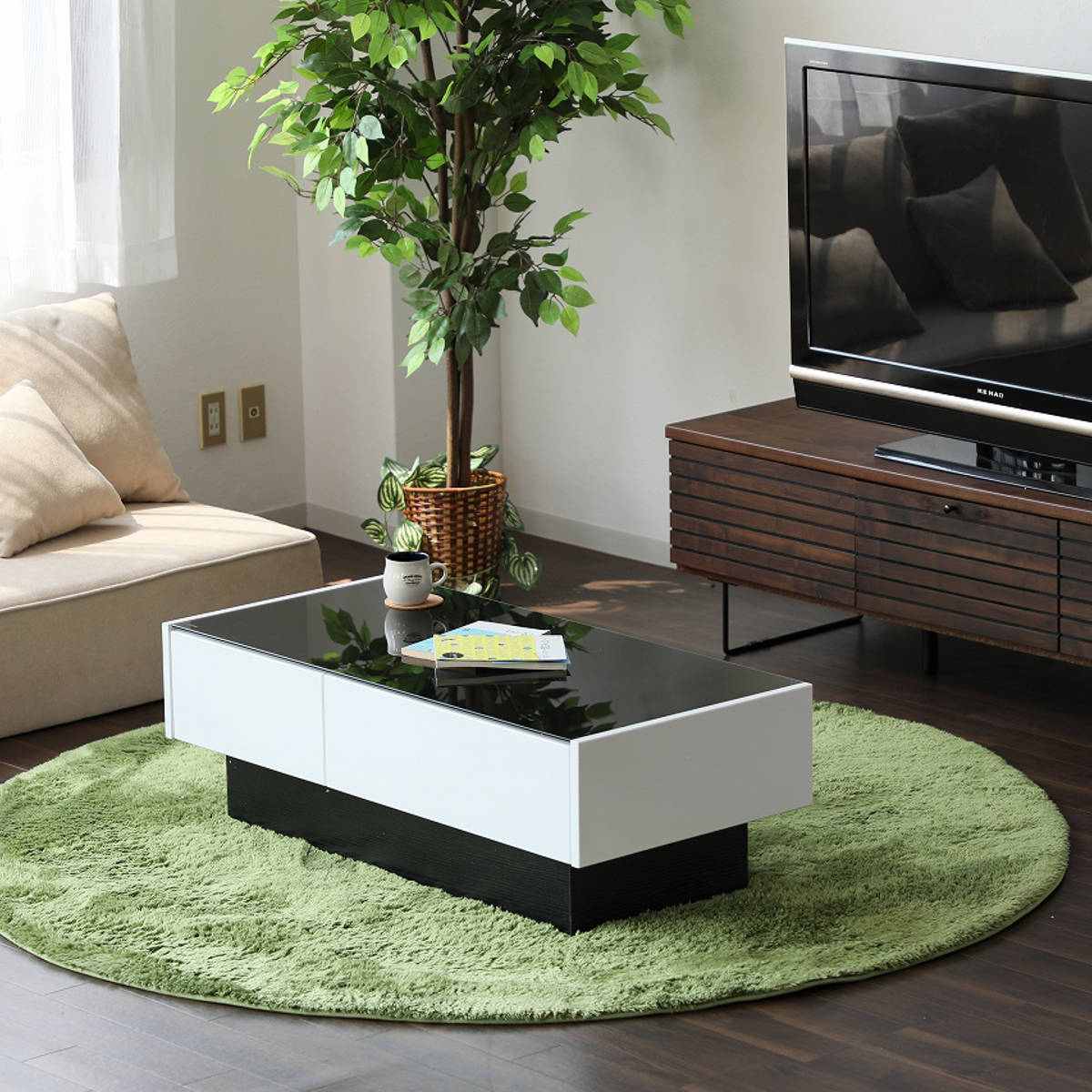 ガラステーブル、オシャレテーブル、ローテーブル、パソコンテーブル、テレビボード、 ローテーブル おしゃれ ガラス 大きめ 引き出し 幅105cm （ リビング