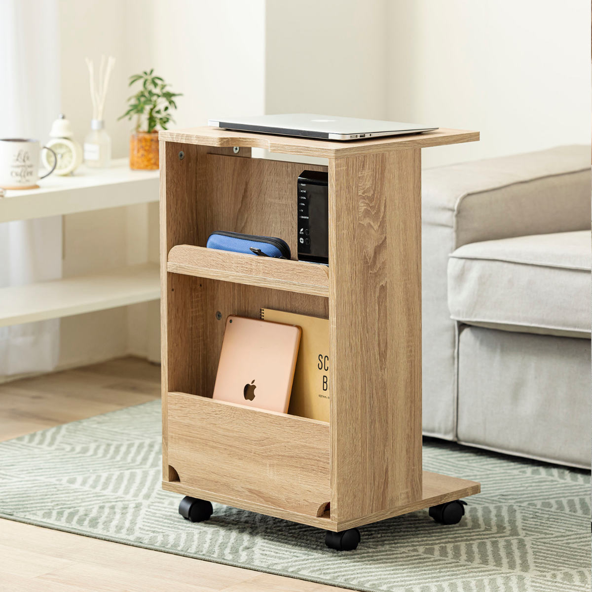 サイドテーブル キャスター付 幅40cm 両面収納付 （ ナイトテーブル