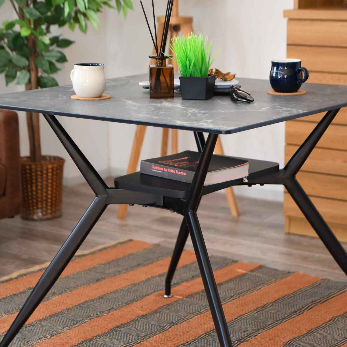 ダイニングテーブル 2人掛け 大理石調 収納スペース付き 幅80cm （ 石