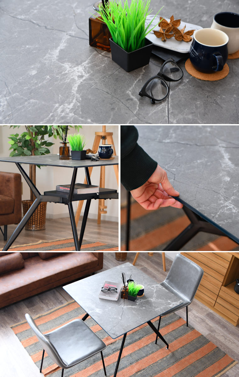 ダイニングテーブル 2人掛け 大理石調 収納スペース付き 幅80cm （ 石