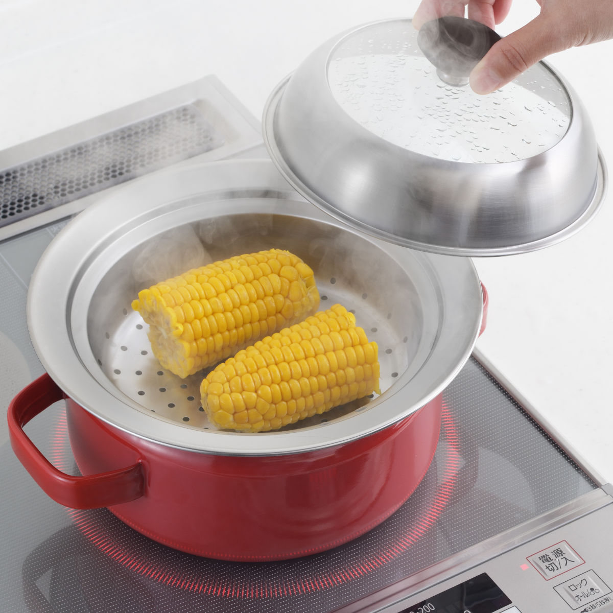 軽量ステンレス蒸し器 4段重ね可能 ガラス蓋付き お鍋用蒸し器 18～20cm用 ガラス蓋付き 日本製 （ 蒸し器