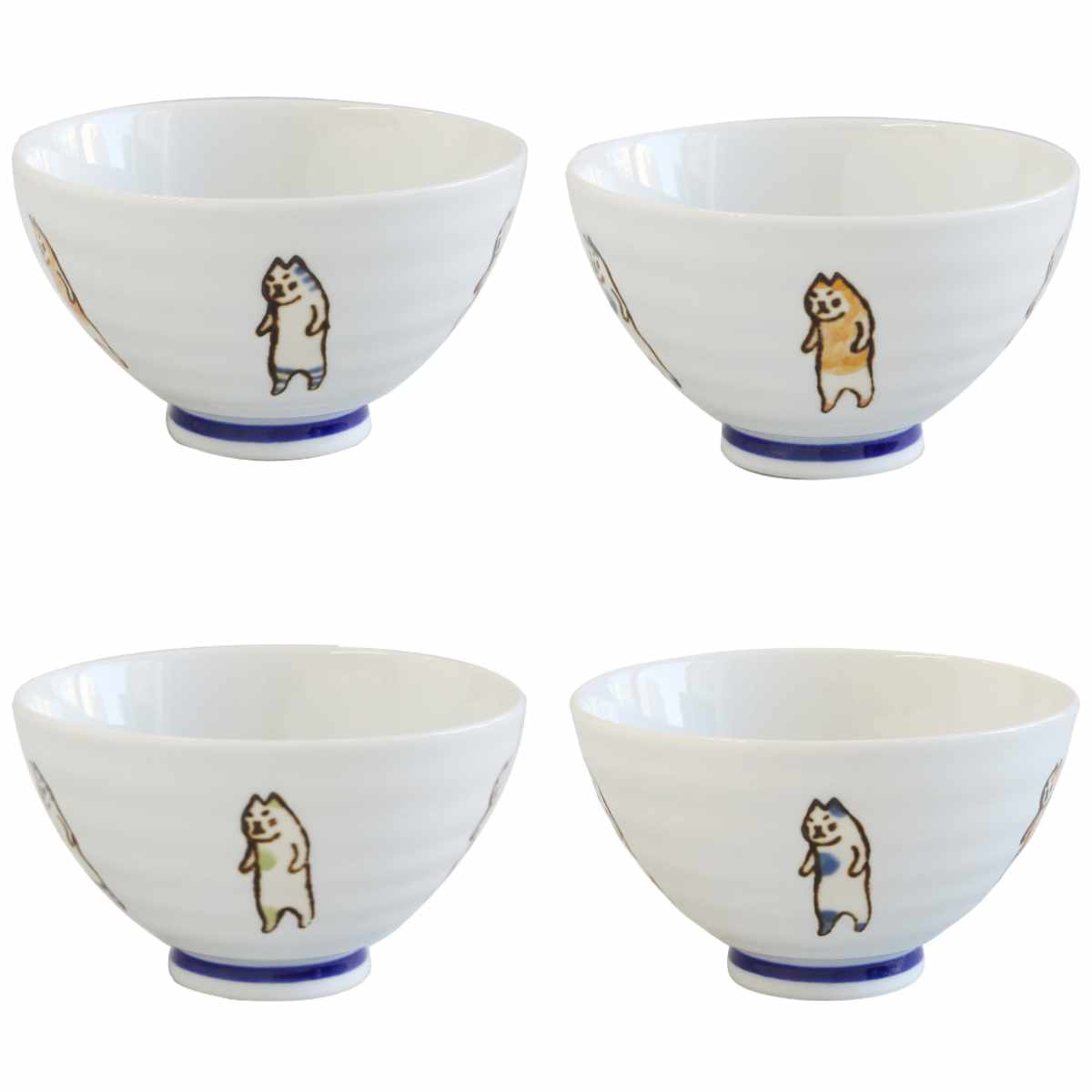 藍花 飯碗 11.5cm たち猫 磁器 波佐見焼 （ 食洗機対応 電子レンジ対応