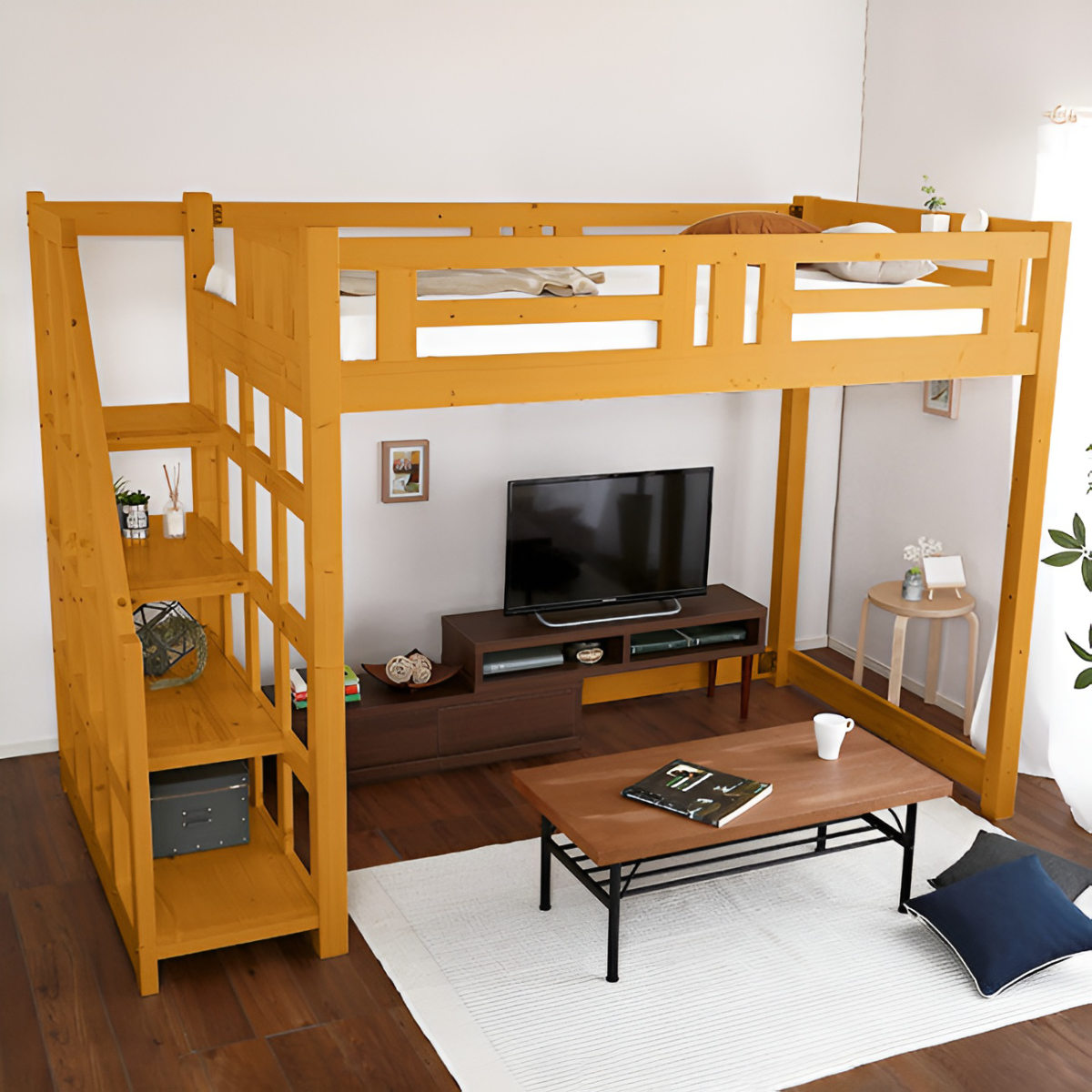 ロフトベッド シングル 宮棚 階段付き 天然木 （ 階段 システムベッド 
