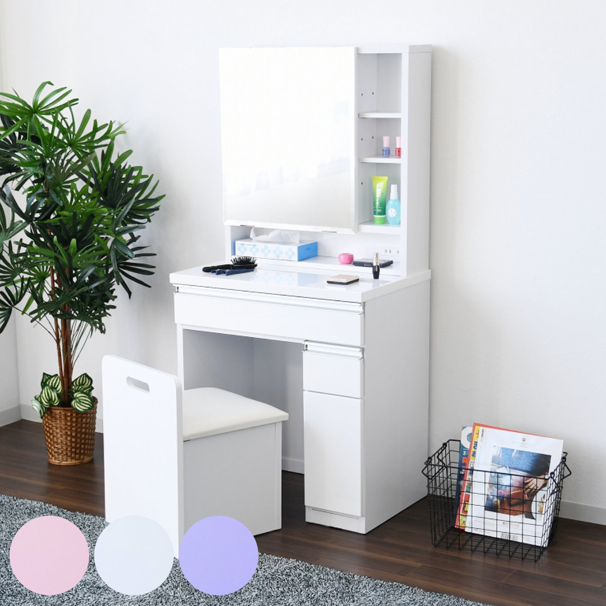 ホワイト木製ドレッサー・鏡台 直接お持ち帰り専用特価も可能 ドレッサー 幅65cm 鏡台 一面鏡 ローズ （ スツール付き コンセント