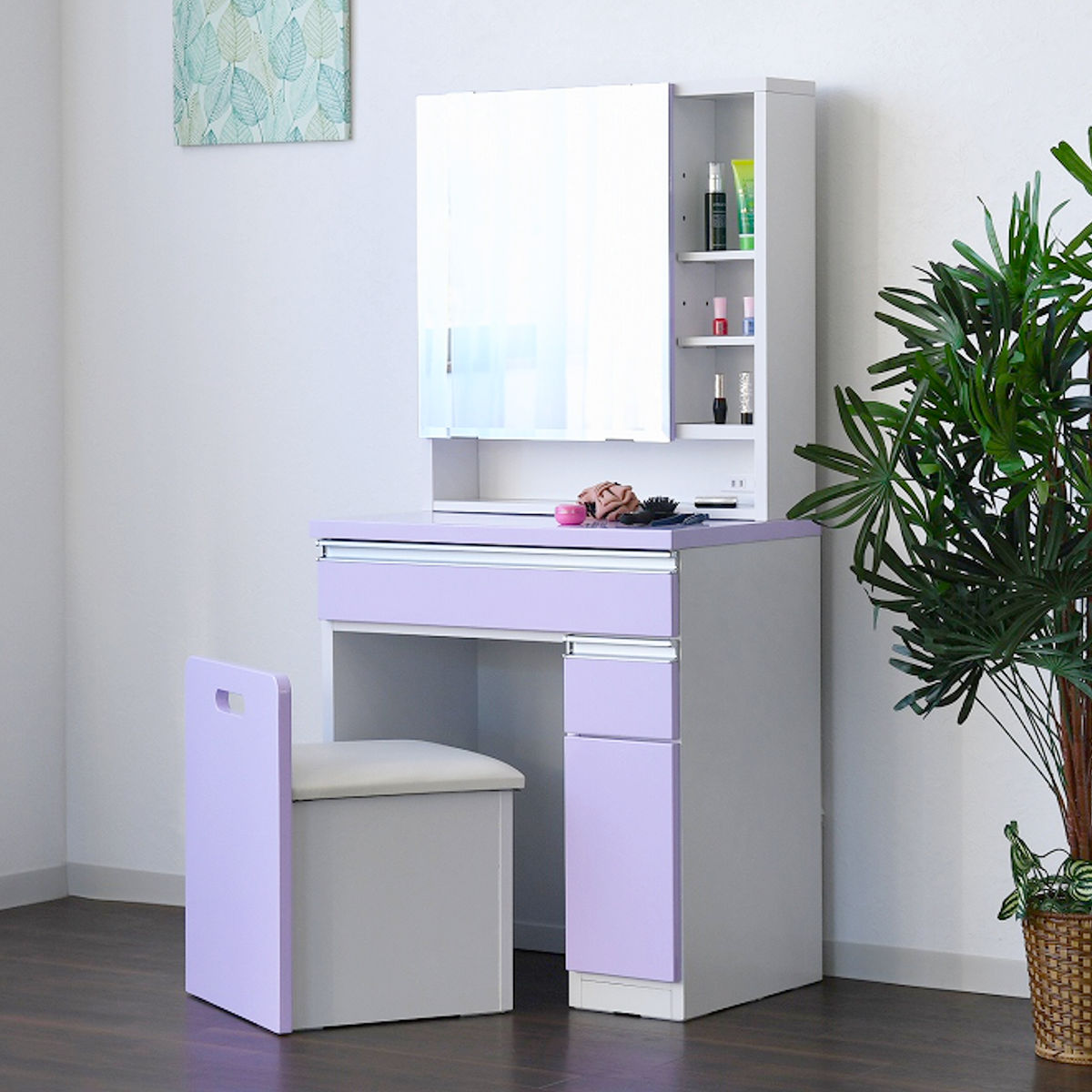 ドレッサー 幅65cm 鏡台 一面鏡 ローズ （ スツール付き コンセント