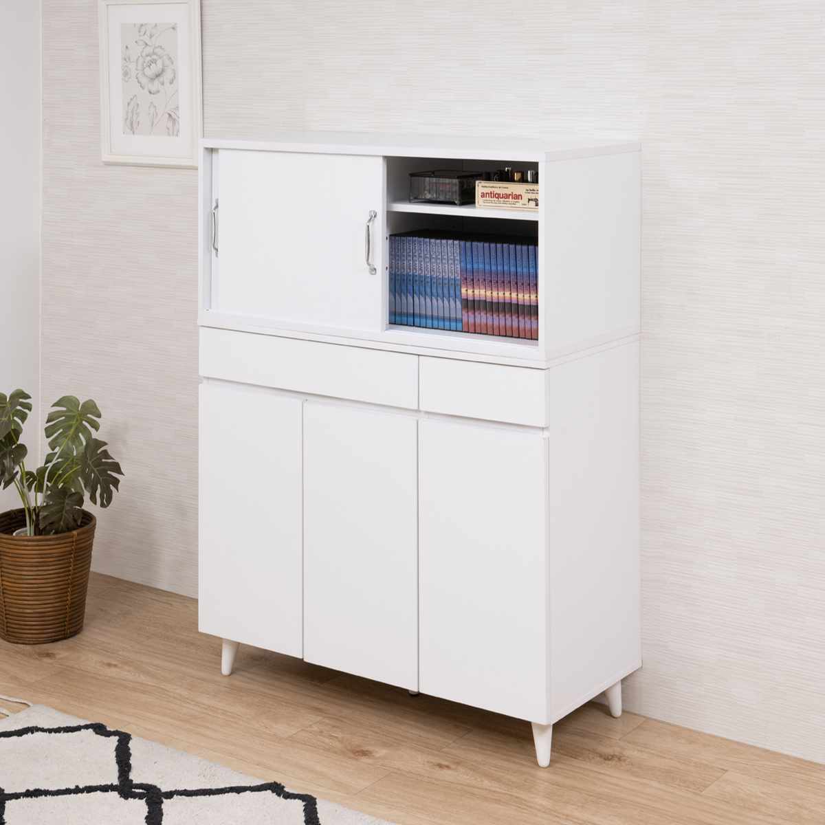 ■新品　収納ラック　引き戸タイプ　ホワイト　 上置き棚 幅90cm 引戸式 ホワイトリビング （ 上置き 収納 家具