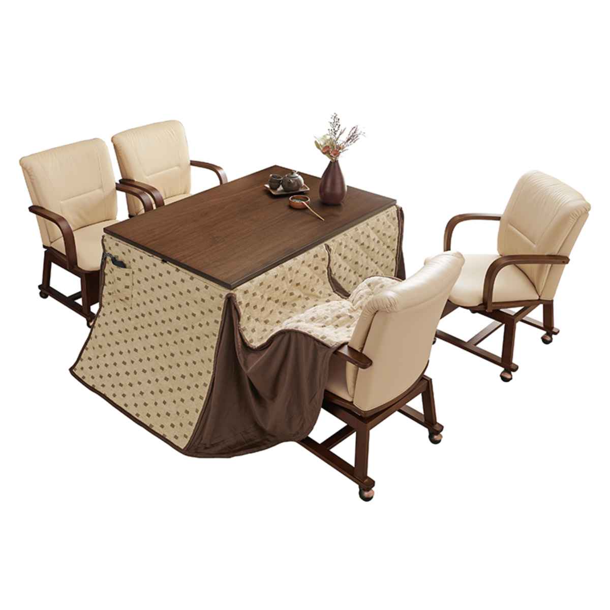 こたつ6点セット テーブル 幅120cm 布団 チェア4脚 キャスター付き ハイタイプ おしゃれ 長方形 （ コタツ ダイニングセット 4人掛け ダイニング こたつ 高さ調節 継ぎ脚 こたつ布団 回転 椅子 ダイニングチェア 1年中 使える ） HAGiHARA（萩原） こたつ6点セット テーブル 幅120cm 布団 チェア4脚