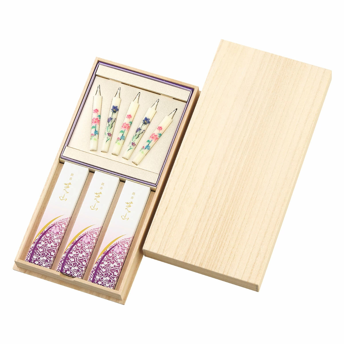 日本香堂 線香 銘香芝山 桐箱絵 ろうそく5本セット 贈答用 （ お線香