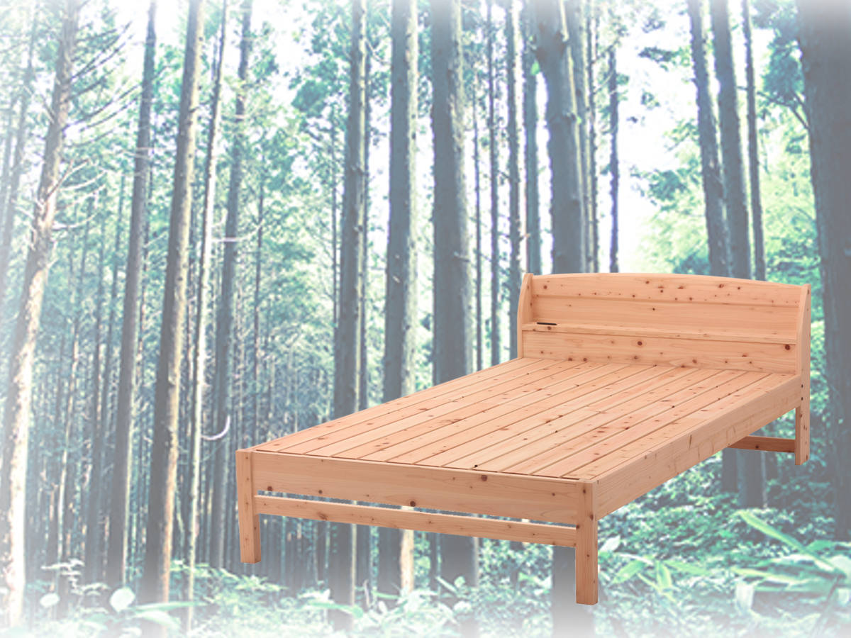 すのこベッド シングル 国産ひのき 宮棚 2口コンセント付 高さ調整可