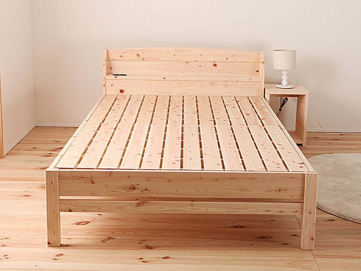 すのこベッド シングル 国産ひのき 宮棚 2口コンセント付 高さ調整可