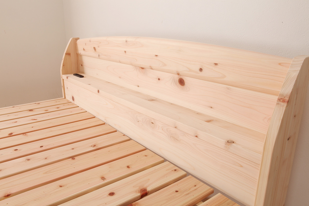 すのこベッド シングル 国産ひのき 宮棚 2口コンセント付 高さ調整可