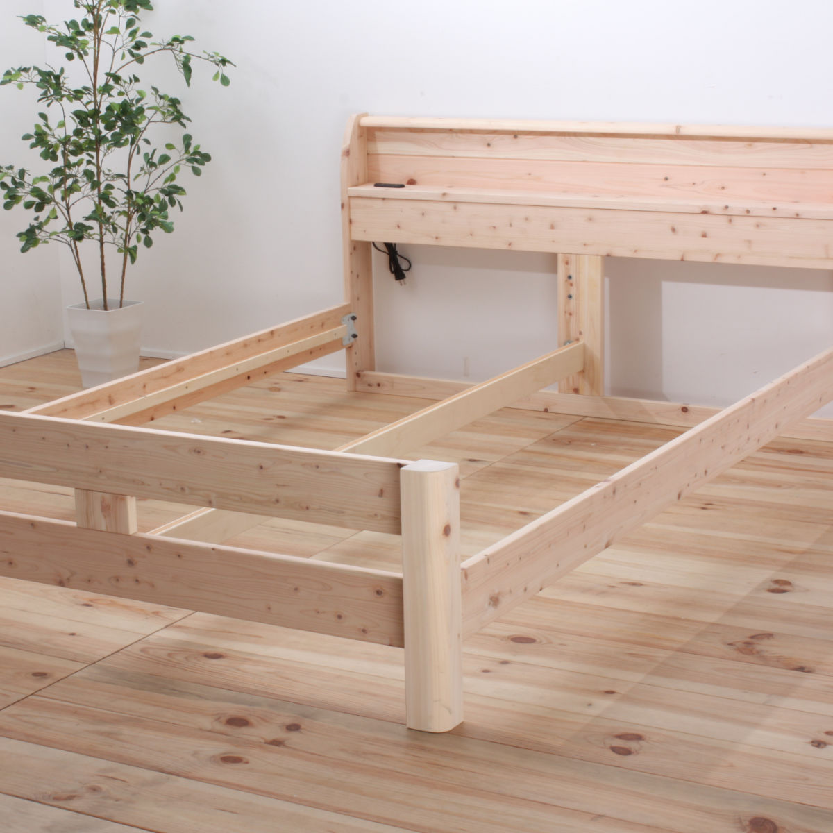 頑丈すのこベッド シングル 国産ひのき 宮棚 2口コンセント付 高さ調整