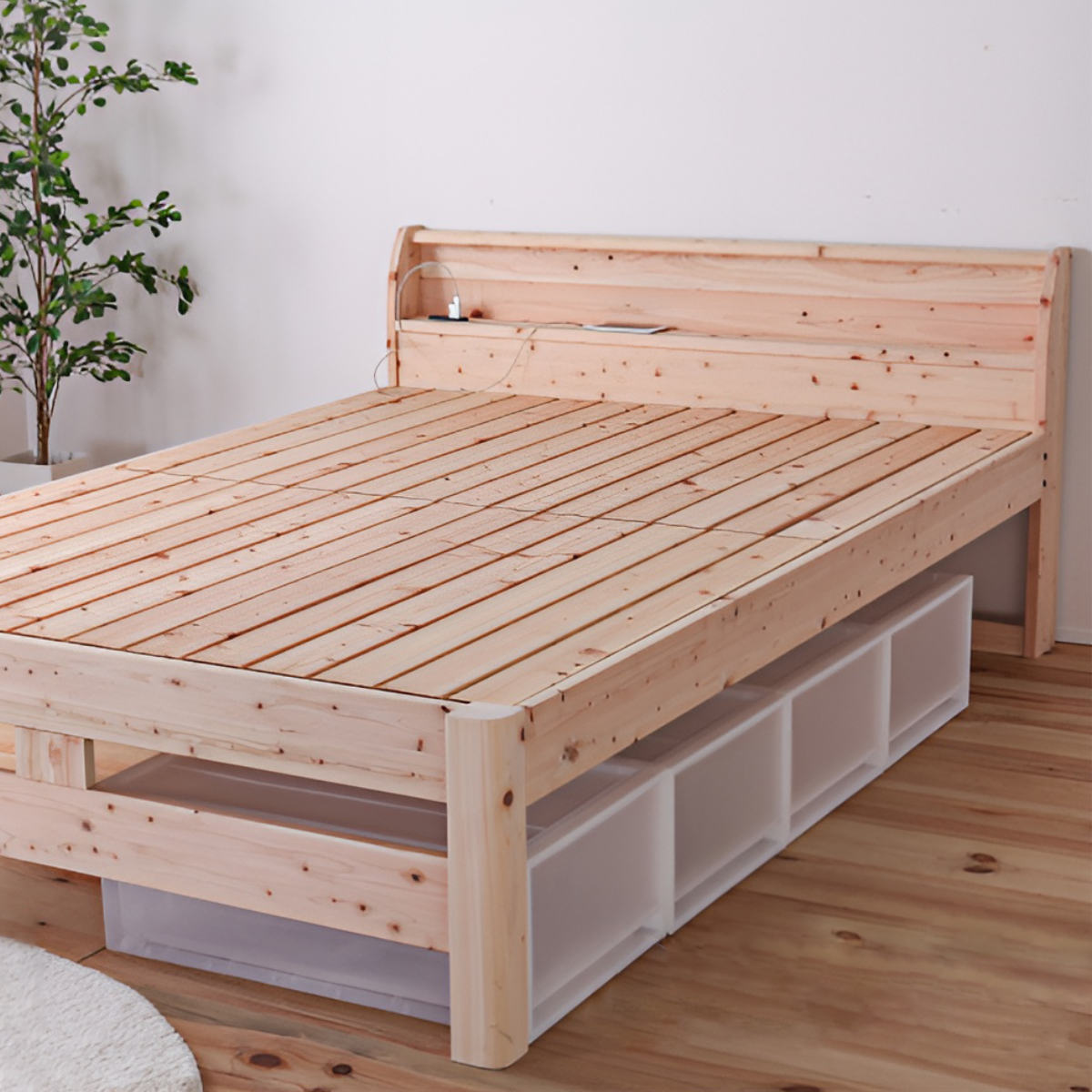 頑丈すのこベッド シングル 国産ひのき 宮棚 2口コンセント付 高さ調整