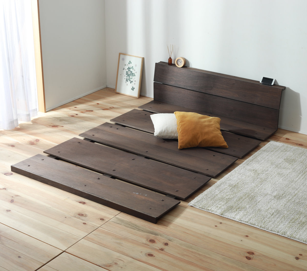 幅広すのこベッド セミダブル 宮棚 2口コンセント付 高さ調整可