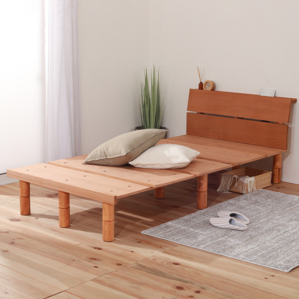 幅広すのこベッド ダブル 宮棚 2口コンセント付 高さ調整可 （ 頑丈