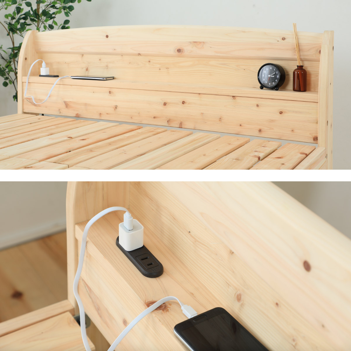 すのこベッド ダブル 国産ひのき 宮棚 2口コンセント付 6本脚 日本製