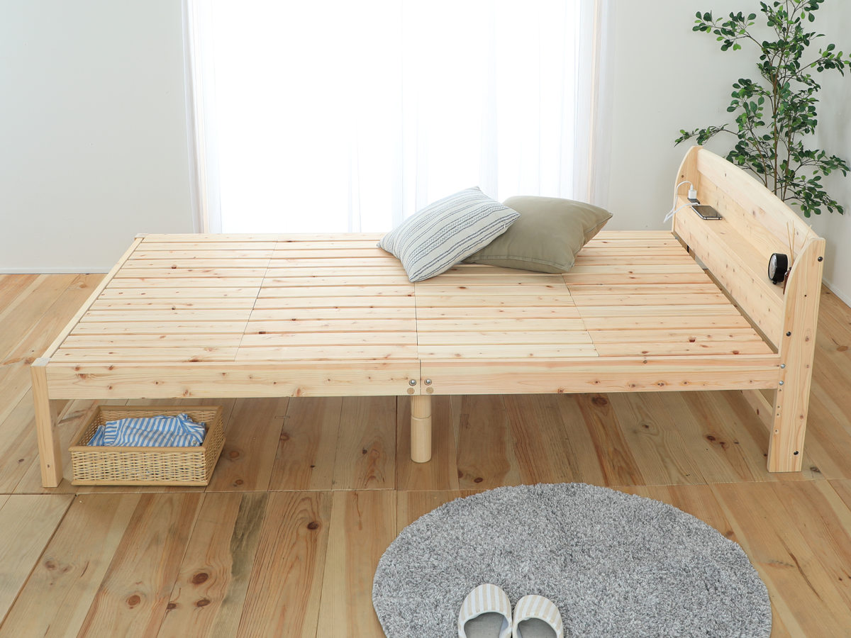 すのこベッド シングル 国産ひのき 宮棚 2口コンセント付 6本脚 日本製