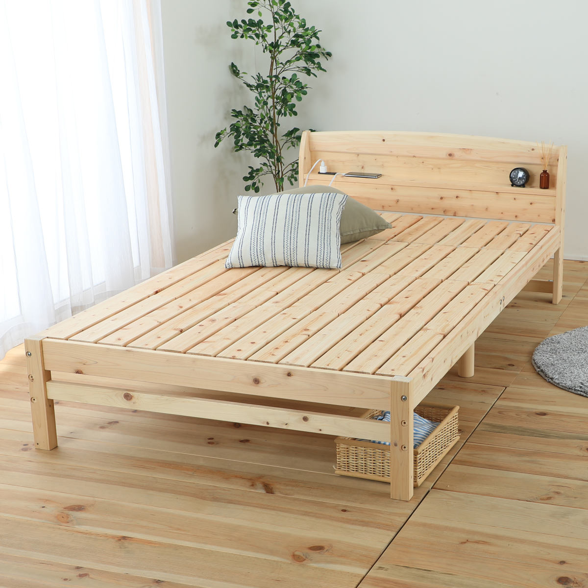 すのこベッド シングル 国産ひのき 宮棚 2口コンセント付 6本脚 日本製