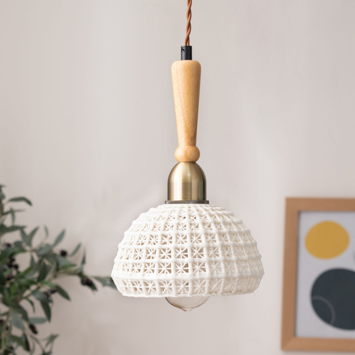 東谷 ペンダントライト 陶器 天然木 電球付き ドーム型 （ LED E26