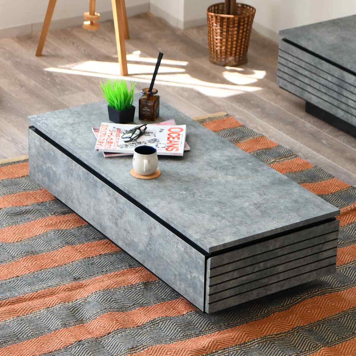 リビングテーブル 石目調 両側引出し 日本製 幅115cm （ ローテーブル