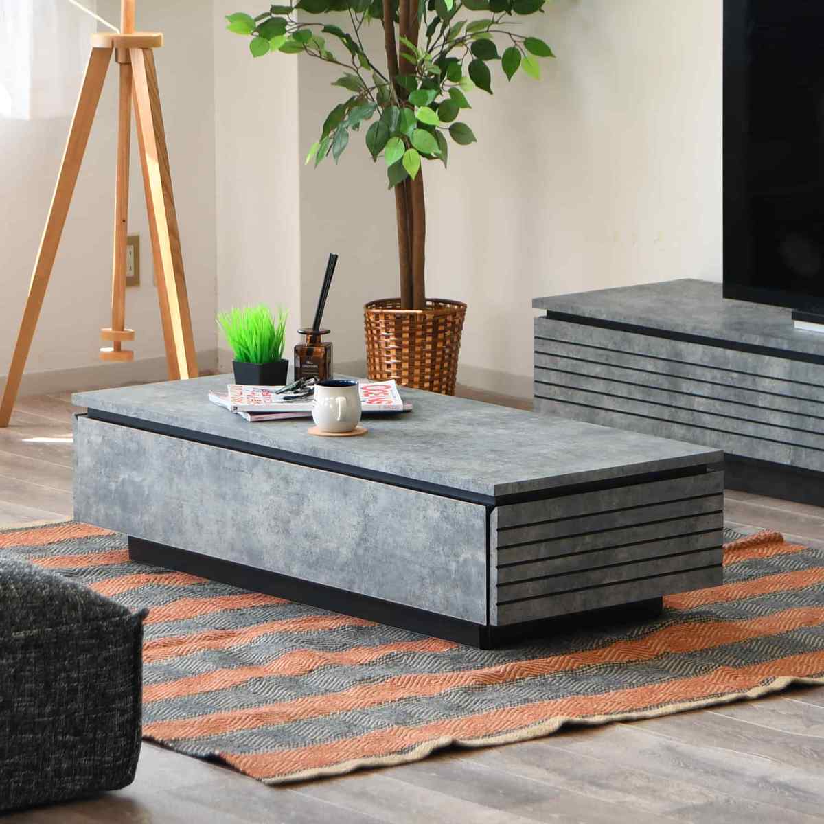 リビングテーブル 石目調 両側引出し 日本製 幅115cm （ ローテーブル