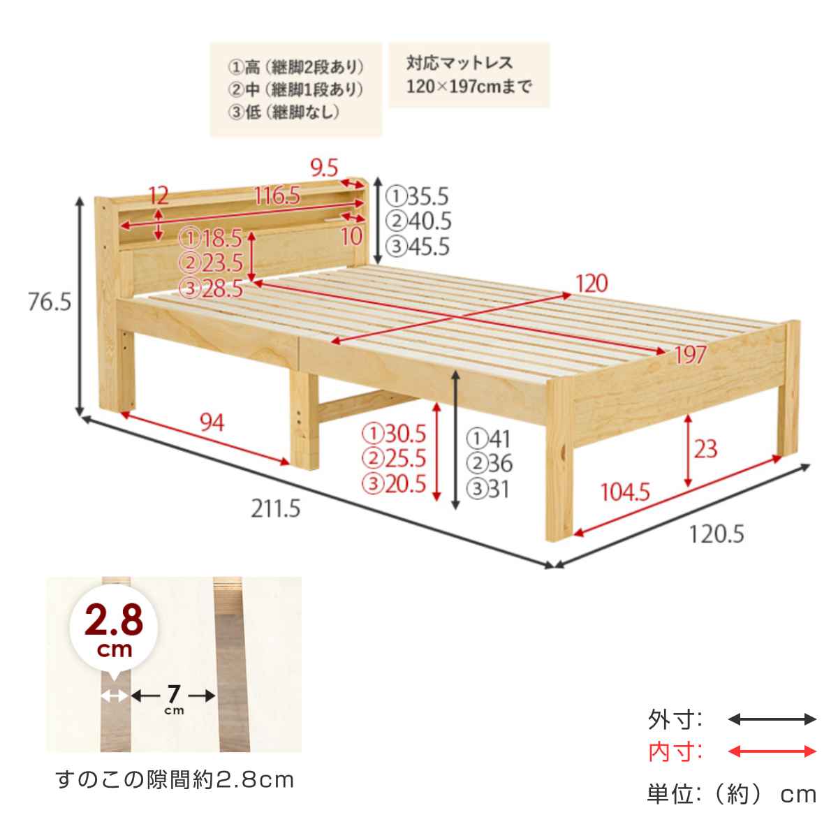 HAGiHARA（萩原） ベッド セミダブル すのこ 宮棚 2口コンセント付 高