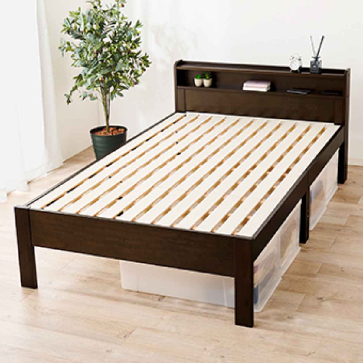 HAGiHARA（萩原） ベッド セミダブル すのこ 宮棚 2口コンセント付 高