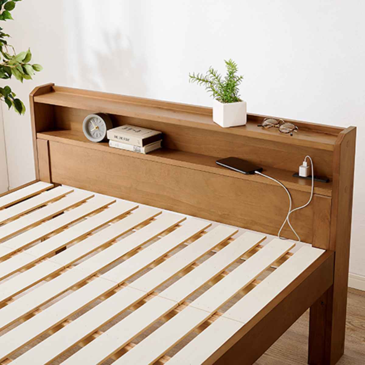 HAGiHARA（萩原） ベッド セミダブル すのこ 宮棚 2口コンセント付 高