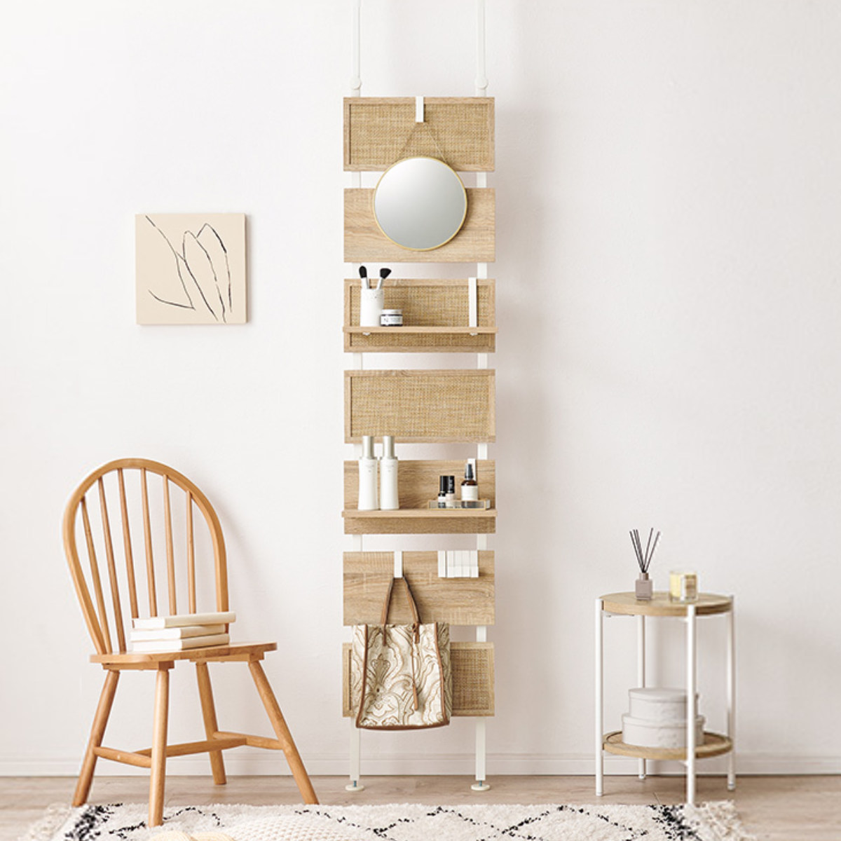 HAGiHARA（萩原） 突っ張り ウォールラック 幅40cm ラタン調 木目調