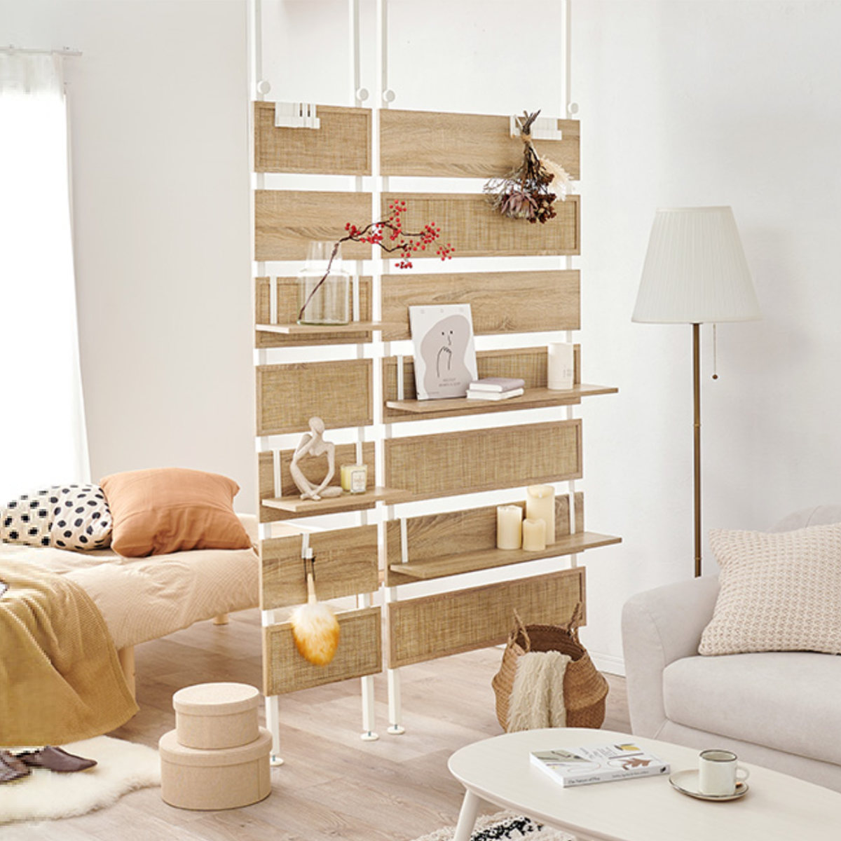 HAGiHARA（萩原） 突っ張り ウォールラック 幅60cm ラタン調 木目調