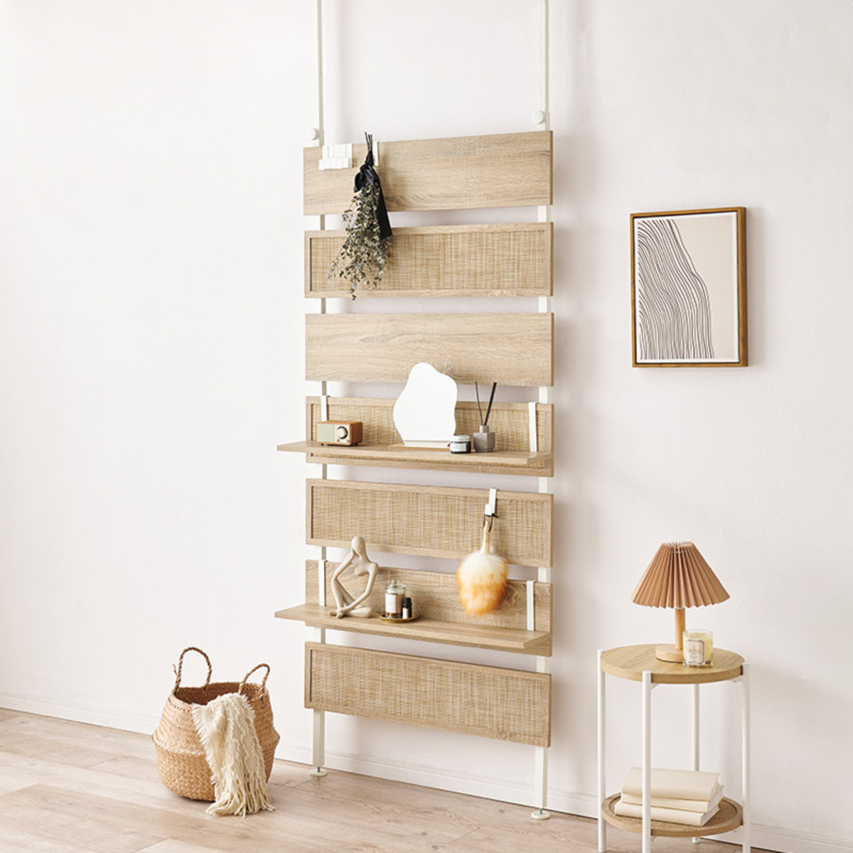 HAGiHARA（萩原） 突っ張り ウォールラック 幅80cm ラタン調 木目調