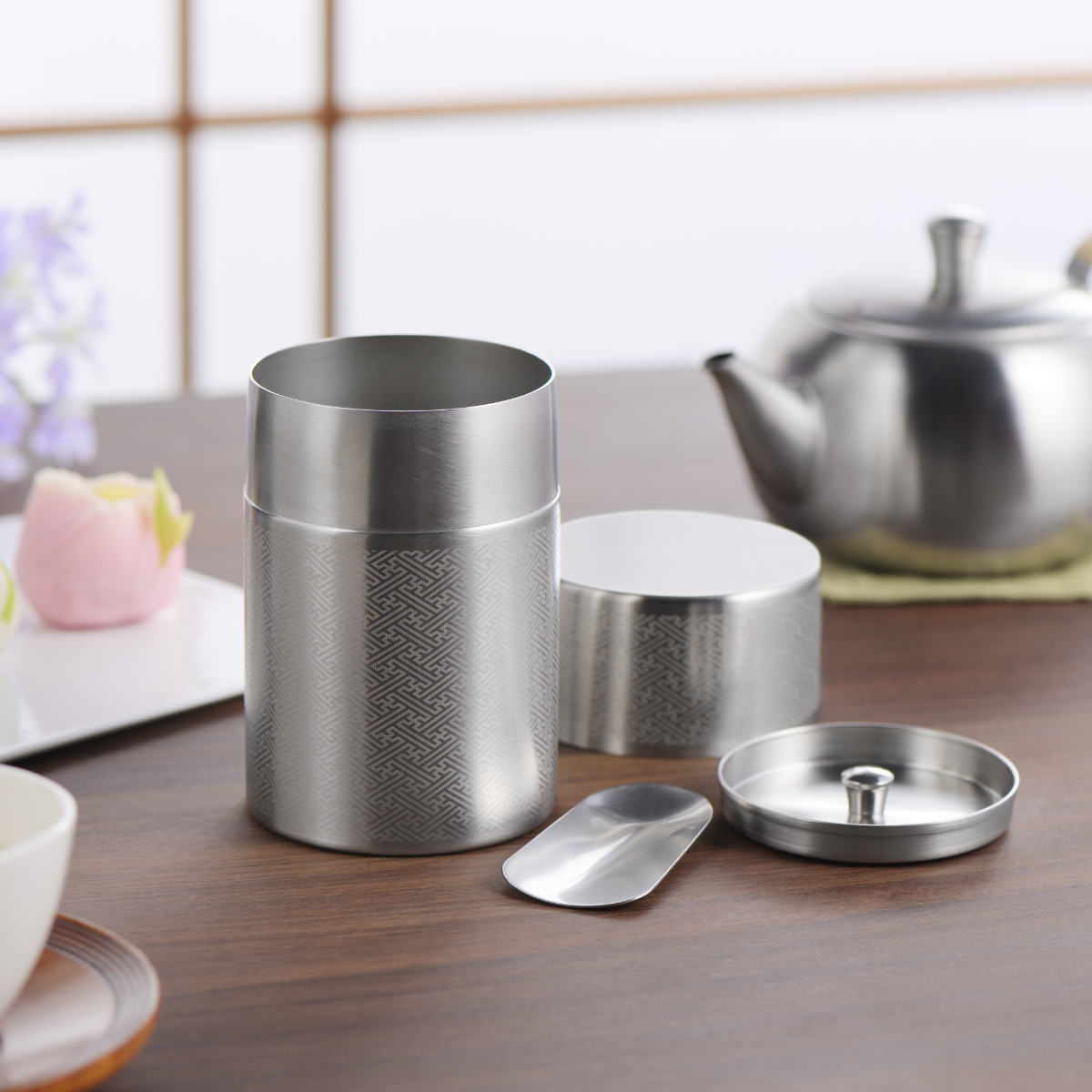 茶筒 400ml 郷技 ステンレス茶筒 大 紗綾 茶箕付き （ ステンレス 日本