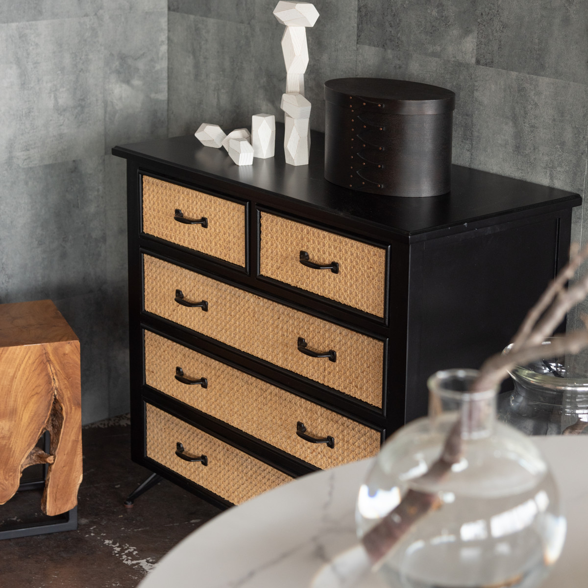 東谷 チェスト 4段5杯 エスニック調 ラタン張り 幅80cm （ 収納 引出し