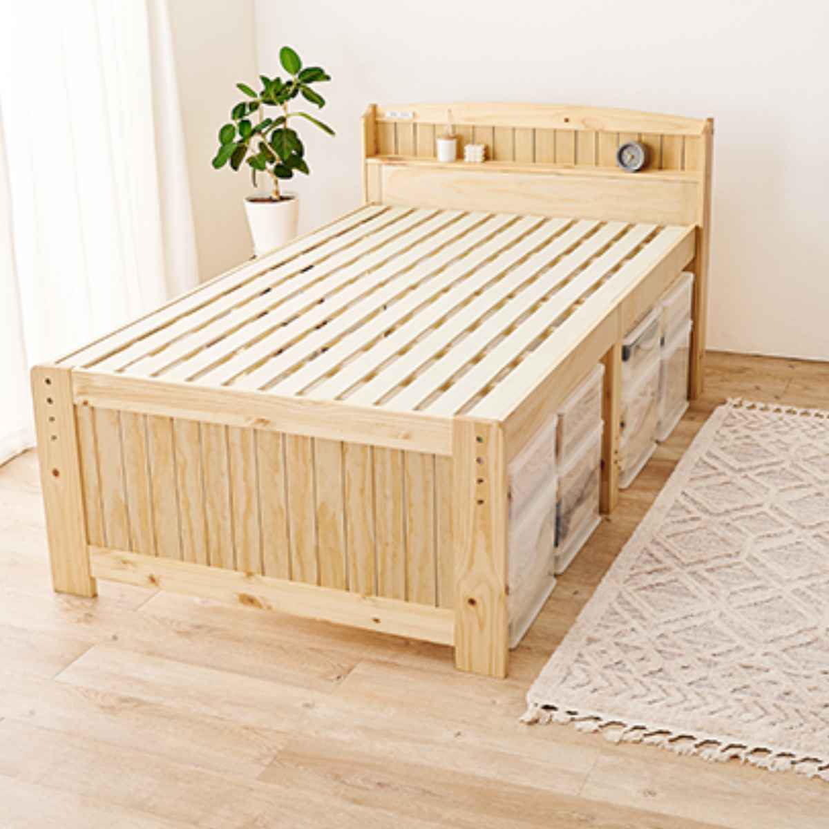 HAGiHARA（萩原） ベッド セミダブル 高さ3段階調節 宮棚 2口