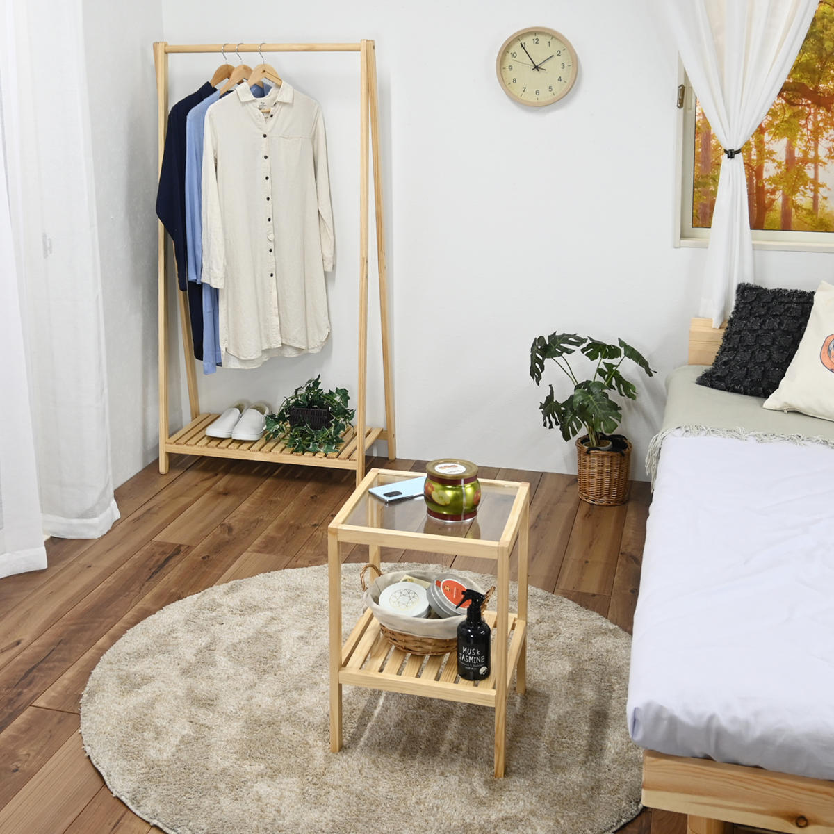 フクダクラフト サイドテーブル ガラス天板 天然木フレーム 棚付 約